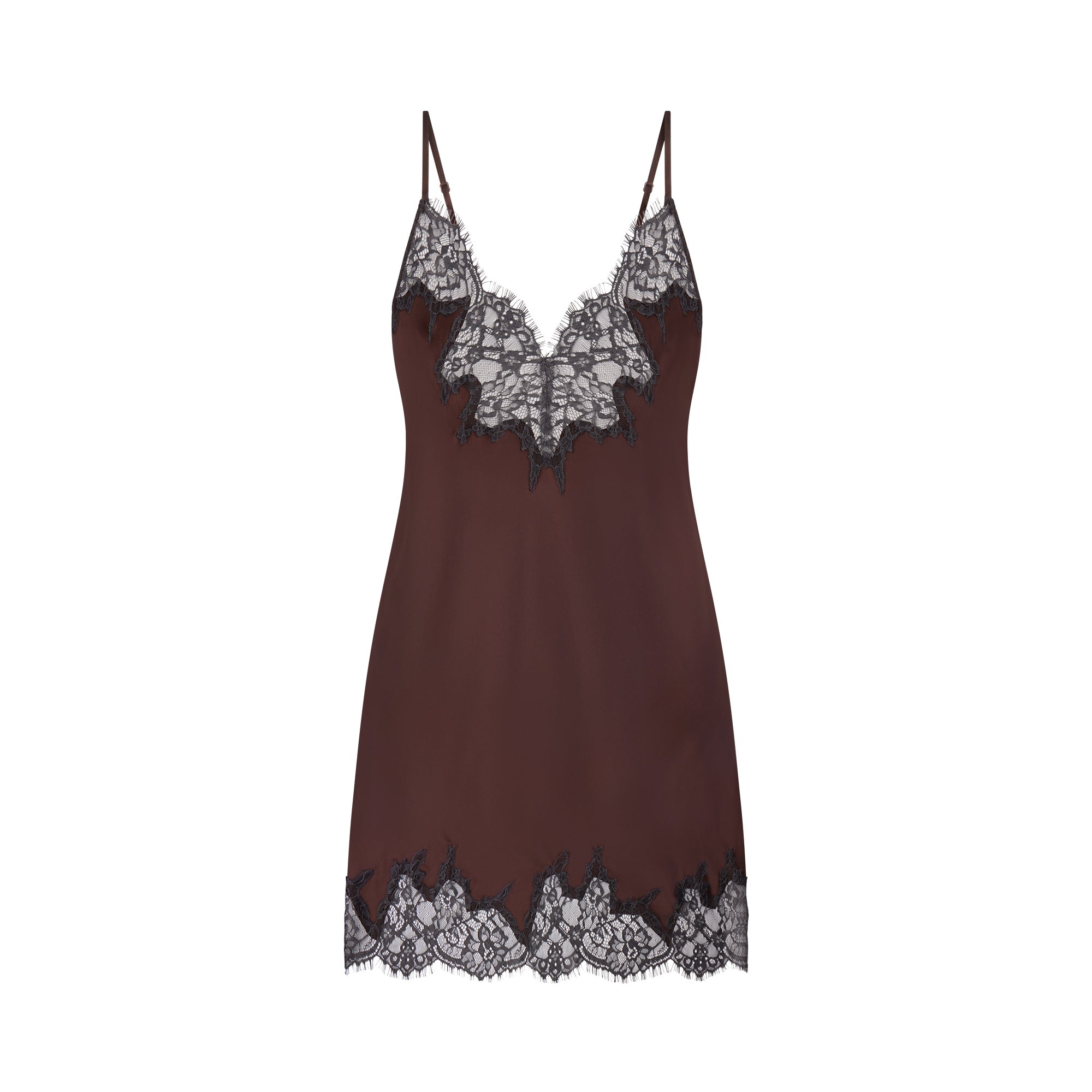 SILK LACE MINI SLIP DRESS | ESPRESSO CONTRAST FLAT ON A WHITE BACKGROUND | FLT