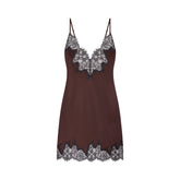 SILK LACE MINI SLIP DRESS | ESPRESSO CONTRAST FLAT ON A WHITE BACKGROUND | FLT