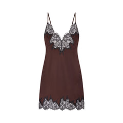 SILK LACE MINI SLIP DRESS | ESPRESSO CONTRAST FLAT ON A WHITE BACKGROUND | FLT