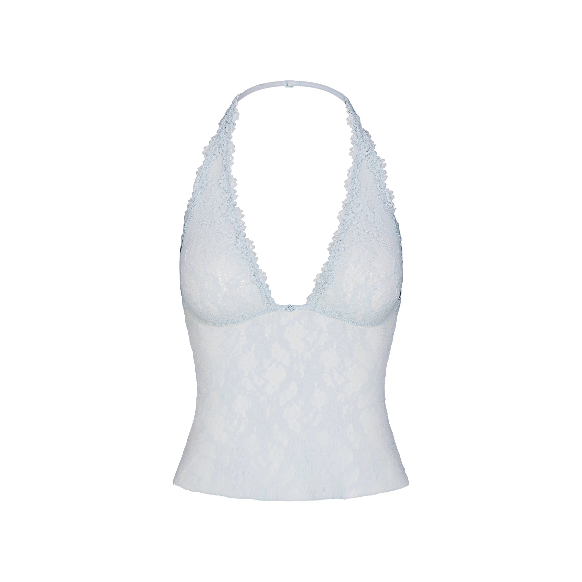 STRETCH LACE HALTER CAMI | POWDER BLUE FLAT ON A WHITE BACKGROUND | FLT
