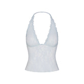 STRETCH LACE HALTER CAMI | POWDER BLUE FLAT ON A WHITE BACKGROUND | FLT