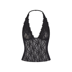 STRETCH LACE HALTER CAMI | SOOT FLAT ON A WHITE BACKGROUND | FLT