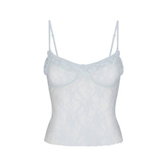 STRETCH LACE RUFFLE CAMI | POWDER BLUE FLAT ON A WHITE BACKGROUND | FLT