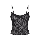 STRETCH LACE RUFFLE CAMI | SOOT FLAT ON A WHITE BACKGROUND | FLT