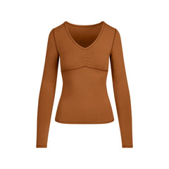 COTTON JERSEY SHIRRED BUST LONG SLEEVE | CHAI FLAT ON A WHITE BACKGROUND | FLT