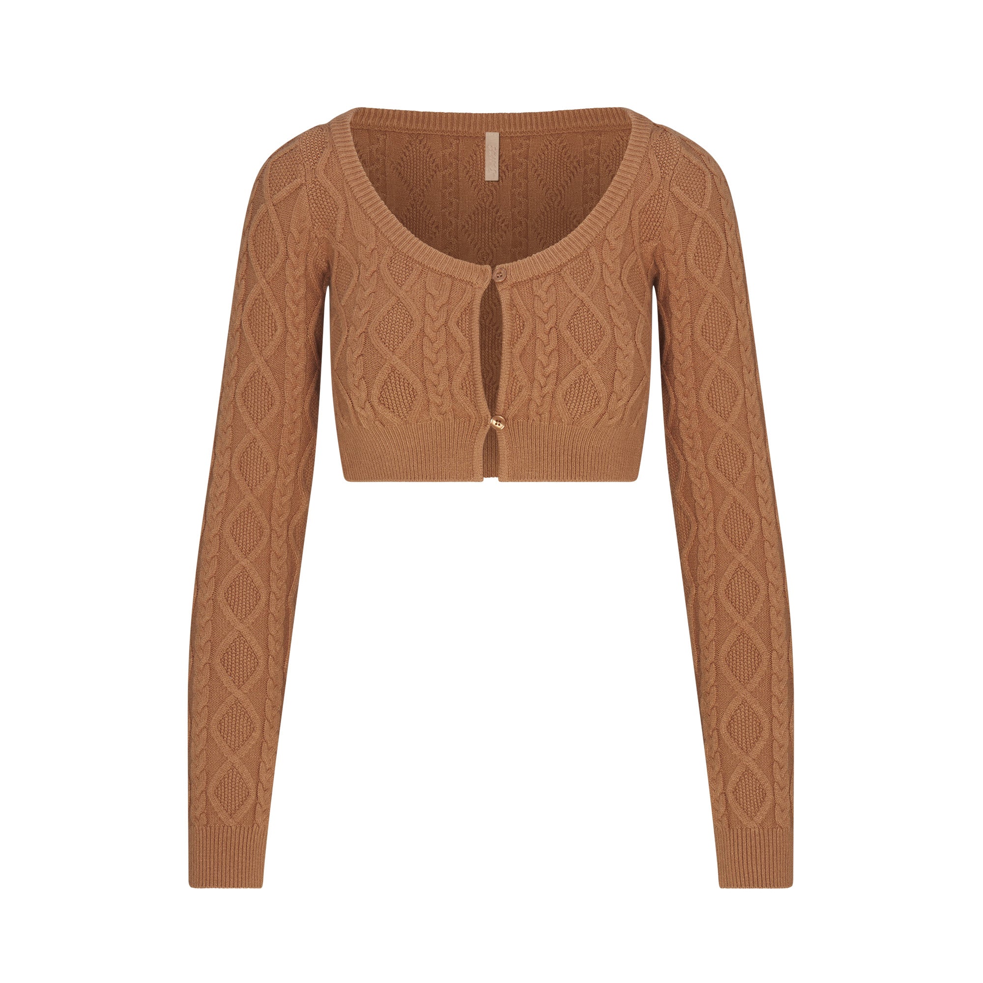 SWEATER KNIT CROPPED CARDIGAN | DARK HONEY FLAT ON A WHITE BACKGROUND | FLT