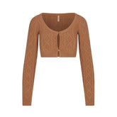 SWEATER KNIT CROPPED CARDIGAN | DARK HONEY FLAT ON A WHITE BACKGROUND | FLT