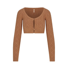 SWEATER KNIT CROPPED CARDIGAN | DARK HONEY FLAT ON A WHITE BACKGROUND | FLT