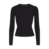FEATHERWEIGHT CASHMERE LONG SLEEVE TOP | ONYX FLAT ON A WHITE BACKGROUND | FLT