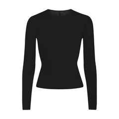 FEATHERWEIGHT CASHMERE LONG SLEEVE TOP | ONYX FLAT ON A WHITE BACKGROUND | FLT