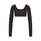 WOOL RIB LONG SLEEVE SUPER CROPPED TOP | OBSIDIAN FLAT ON A WHITE BACKGROUND | FLT