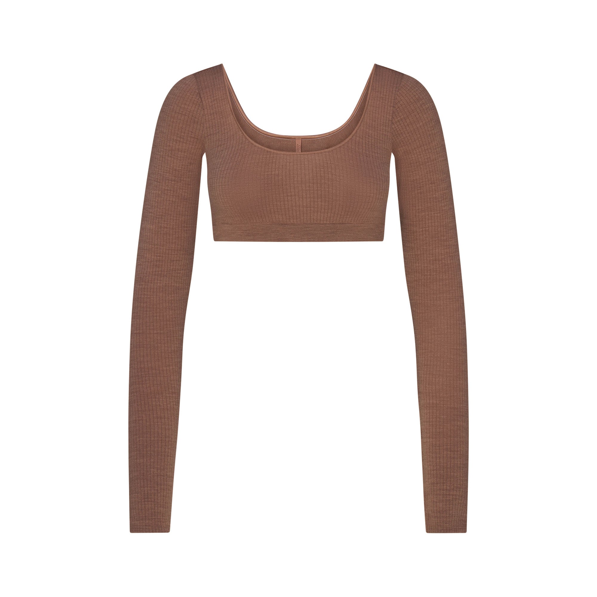 WOOL RIB LONG SLEEVE SUPER CROPPED TOP | SIENNA FLAT ON A WHITE BACKGROUND | FLT