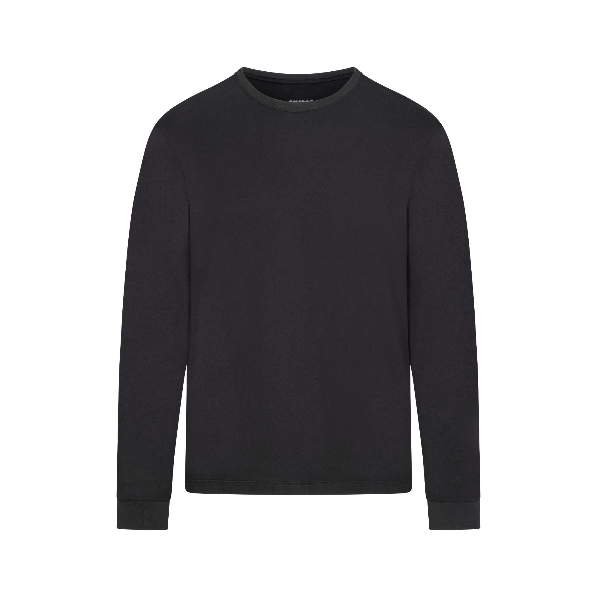 SKIMS COTTON MENS CLASSIC LONG SLEEVE T SHIRT ONYX FLAT ON A WHITE BACKGROUND | FLT | FLT
