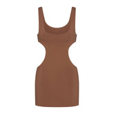COTTON JERSEY CUT OUT MINI DRESS | JASPER LAYS FLAT ON A WHITE BACKGROUND | FLT