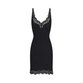 RIB KNIT LACE MINI DRESS | OBSIDIAN FLAT ON A WHITE BACKGROUND | FLT