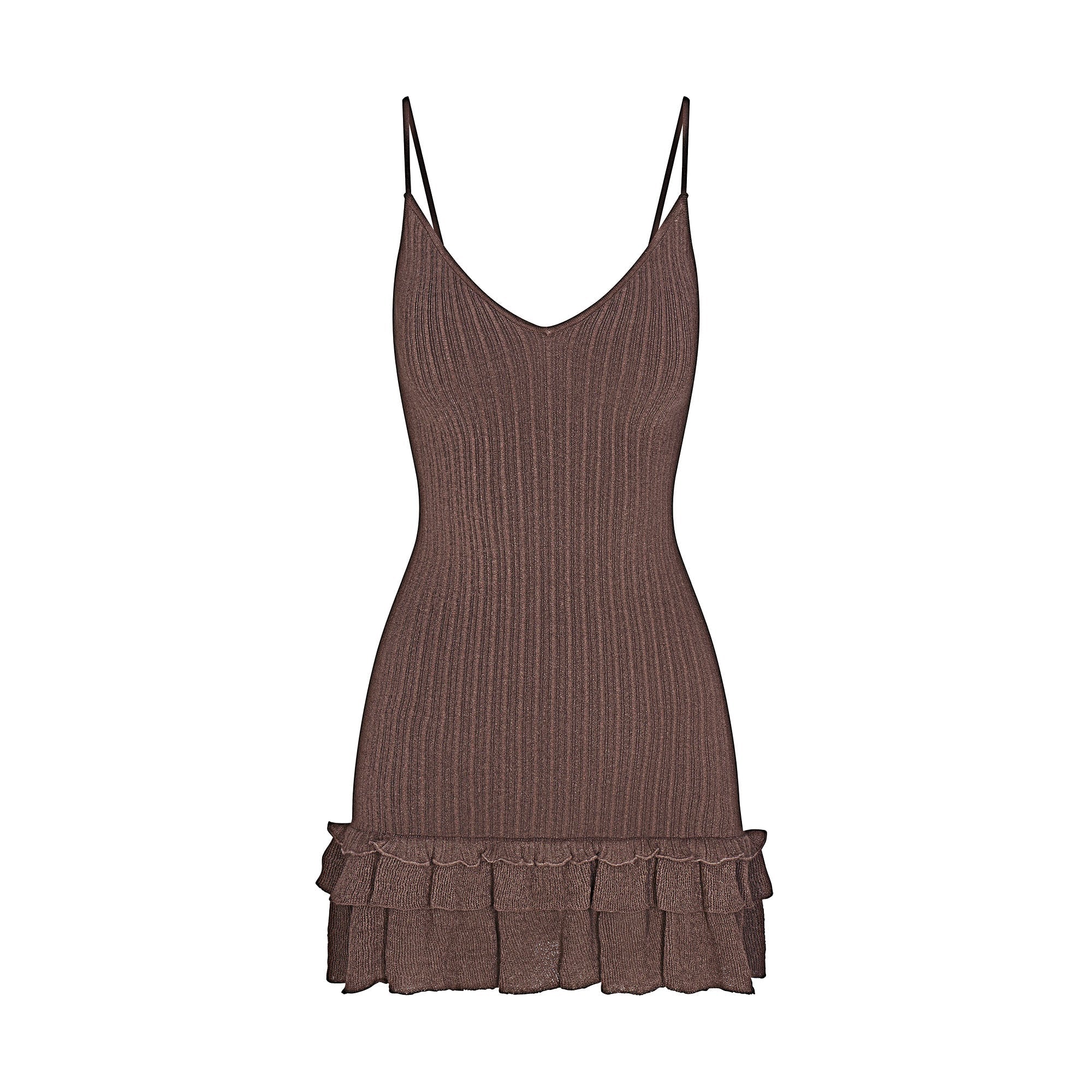 SHEER KNIT RUFFLE DRESS | AMETHYST FLAT ON A WHITE BACKGROUND | FLT