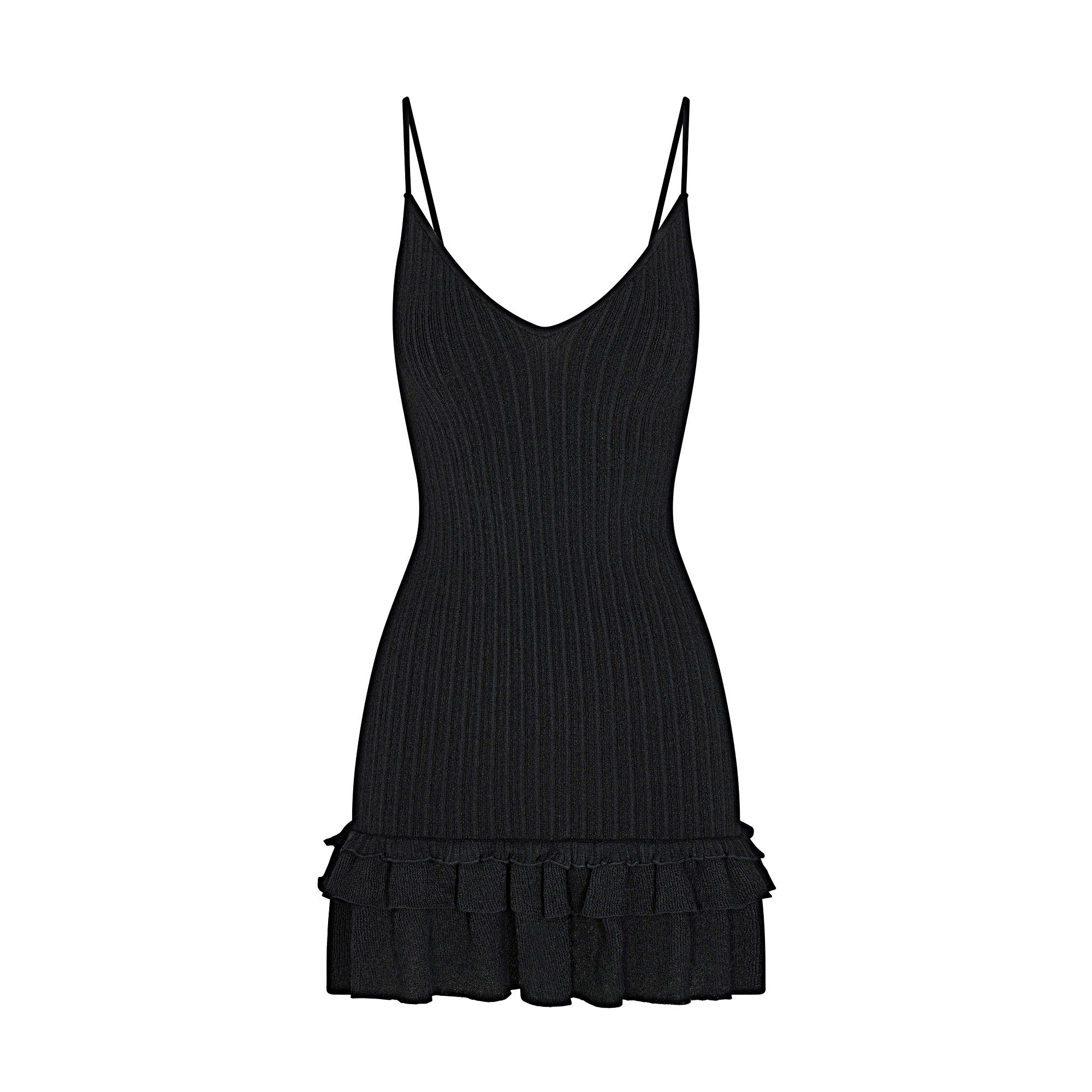 SHEER KNIT RUFFLE DRESS | ONYX FLAT ON A WHITE BACKGROUND | FLT