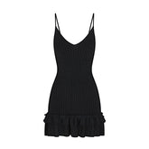 SHEER KNIT RUFFLE DRESS | ONYX FLAT ON A WHITE BACKGROUND | FLT