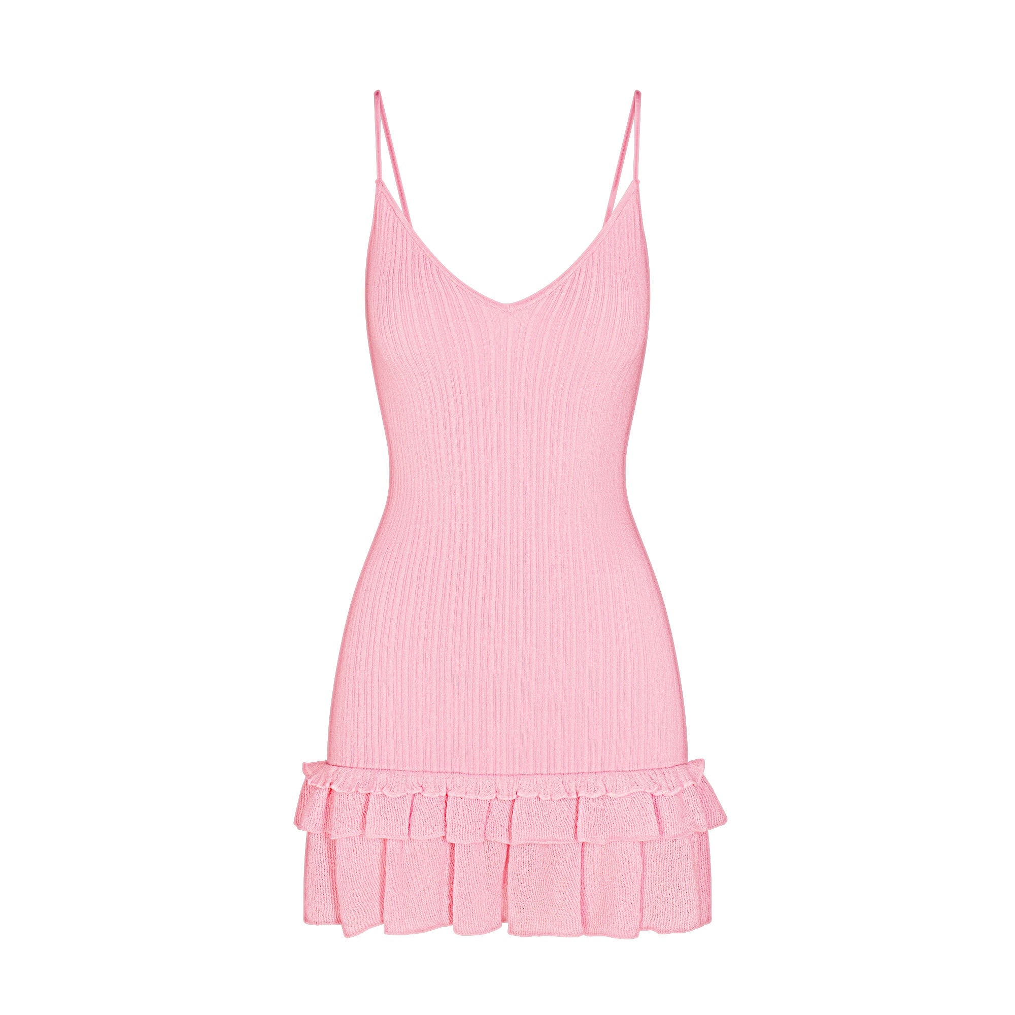 SHEER KNIT RUFFLE DRESS | PEONY FLAT ON A WHITE BACKGROUND | FLT