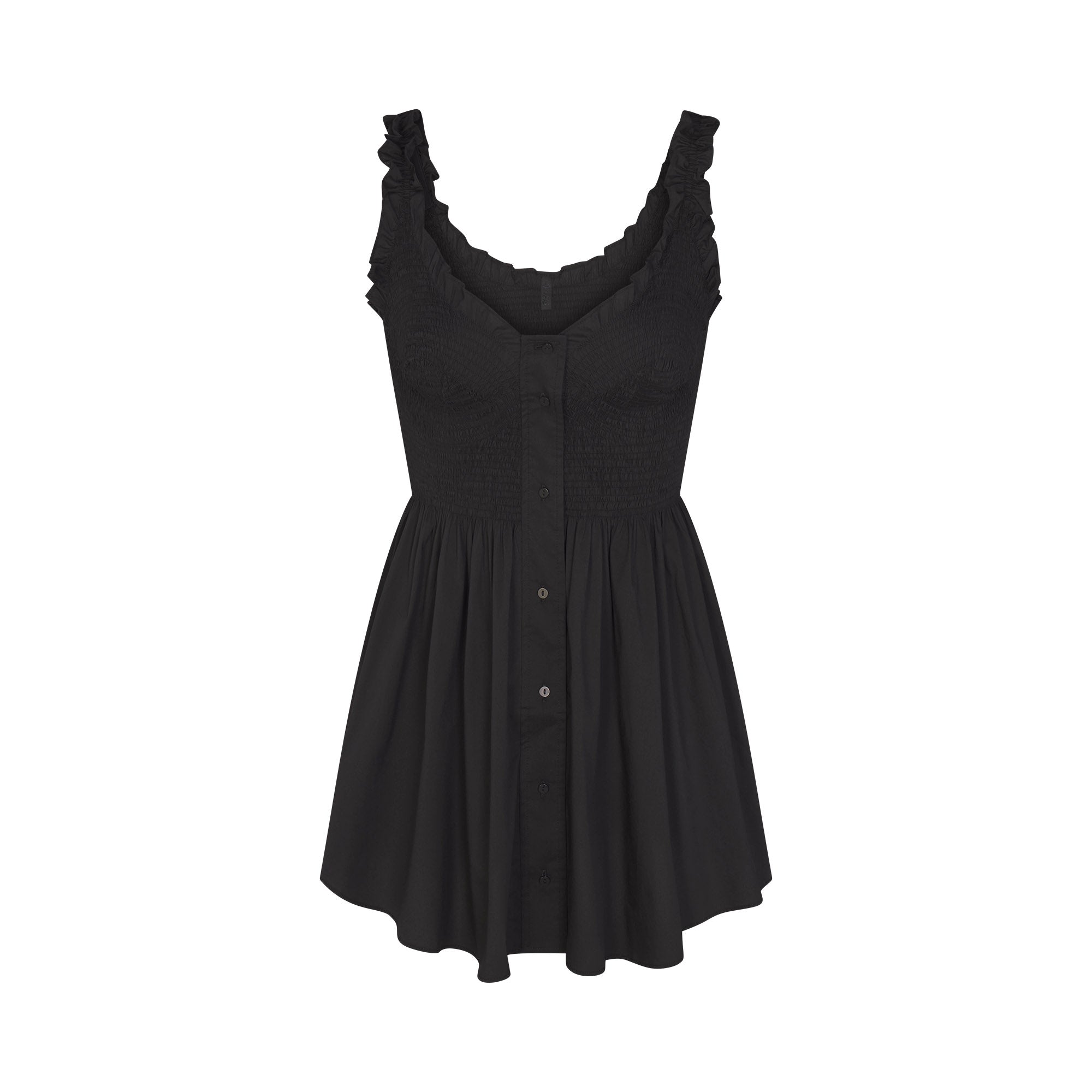COTTON POPLIN MINI SMOCKED DRESS | ONYX FLAT ON A WHITE BACKGROUND | FLT