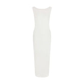 SMOOTH LAYERS CUT OUT LONG DRESS | EGRET LAYS FLAT ON A WHITE BACKGROUND | FLT