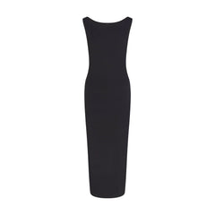 SMOOTH LAYERS CUT OUT LONG DRESS | OBSIDIAN LAYS FLAT ON A WHITE BACKGROUND | FLT