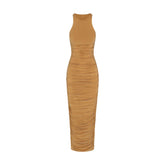 CUPRO JERSEY RUCHED LONG DRESS | ALMOND FLAT ON A WHITE BACKGROUND | FLT