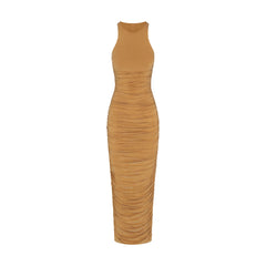 CUPRO JERSEY RUCHED LONG DRESS | ALMOND FLAT ON A WHITE BACKGROUND | FLT