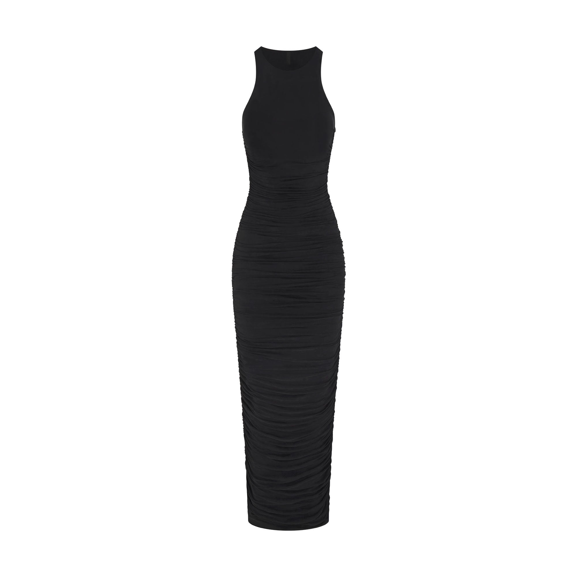 CUPRO JERSEY RUCHED LONG DRESS | OBSIDIAN FLAT ON A WHITE BACKGROUND | FLT