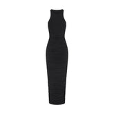 CUPRO JERSEY RUCHED LONG DRESS | OBSIDIAN FLAT ON A WHITE BACKGROUND | FLT