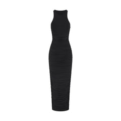 CUPRO JERSEY RUCHED LONG DRESS | OBSIDIAN FLAT ON A WHITE BACKGROUND | FLT
