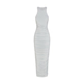 CUPRO JERSEY RUCHED LONG DRESS | PEARL FLAT ON A WHITE BACKGROUND | FLT