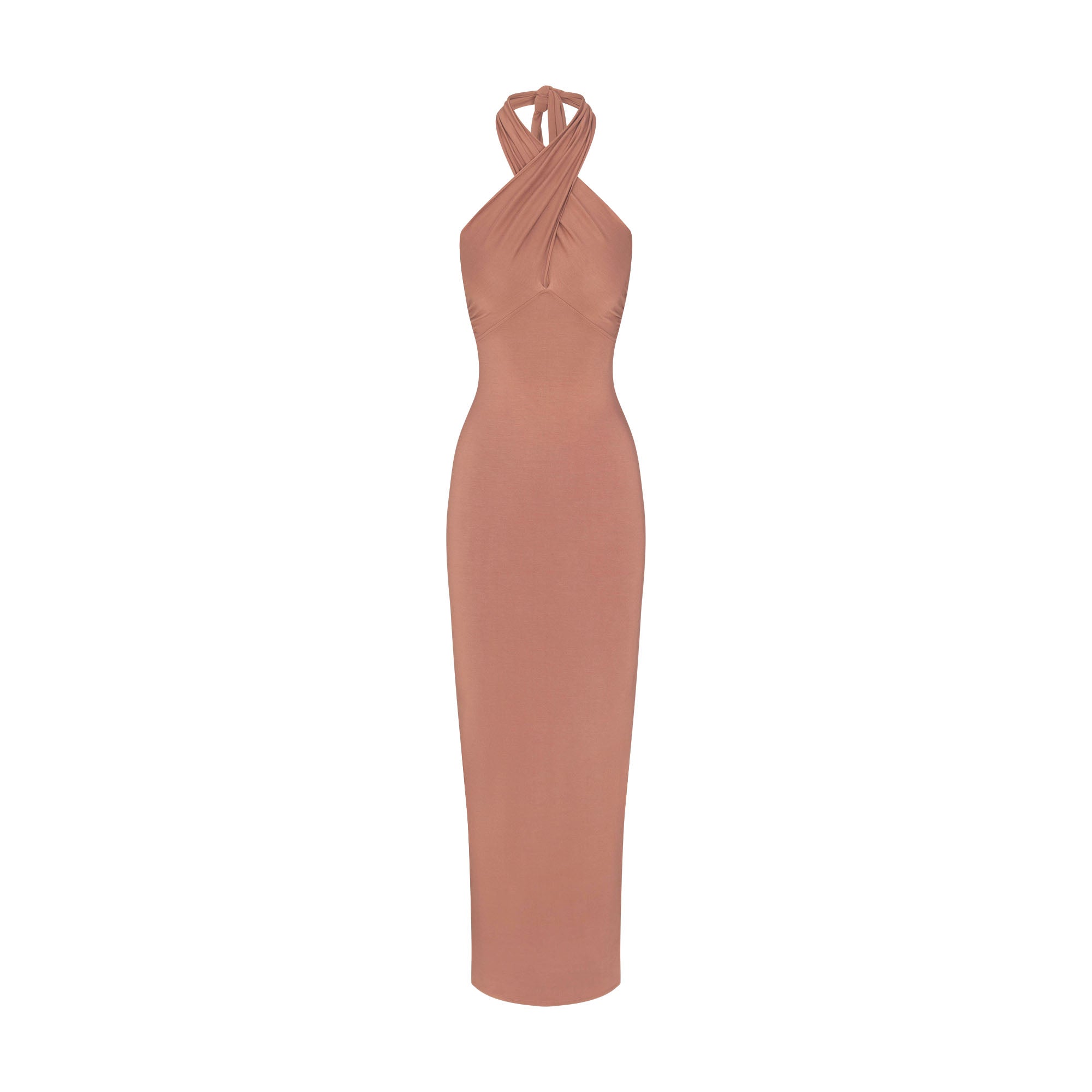 SMOOTH LAYERS CONVERTIBLE LONG DRESS | NUTMEG FLAT ON A WHITE BACKGROUND | FLT