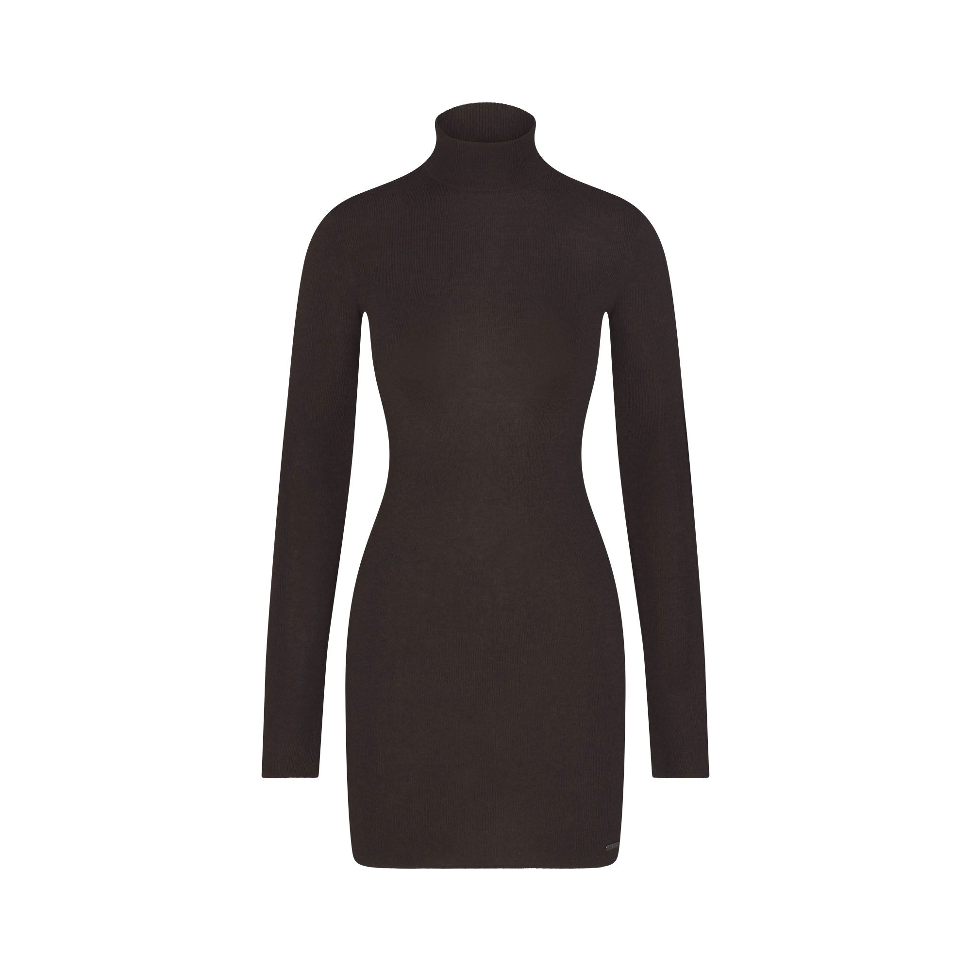 ESSENTIAL SWEATERS MOCK NECK MINI DRESS | ESPRESSO FLAT ON A WHITE BACKGROUND | FLT