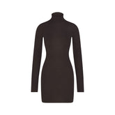 ESSENTIAL SWEATERS MOCK NECK MINI DRESS | ESPRESSO FLAT ON A WHITE BACKGROUND | FLT