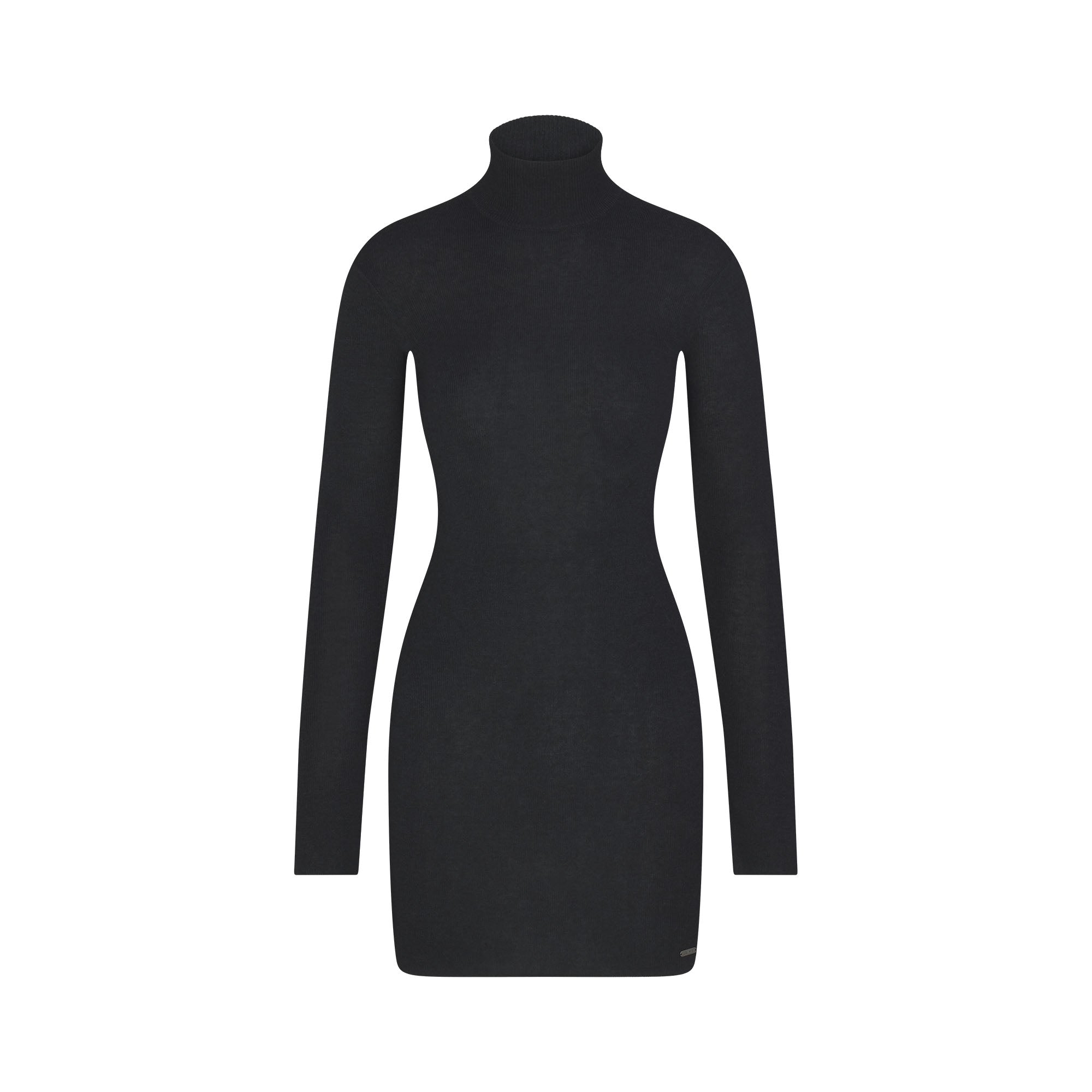 ESSENTIAL SWEATERS MOCK NECK MINI DRESS | ONYX FLAT ON A WHITE BACKGROUND | FLT