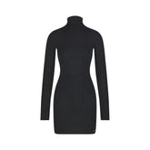 ESSENTIAL SWEATERS MOCK NECK MINI DRESS | ONYX FLAT ON A WHITE BACKGROUND | FLT