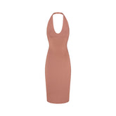 SMOOTH LAYERS HALTER MIDI DRESS | NUTMEG FLAT ON A WHITE BACKGROUND | FLT
