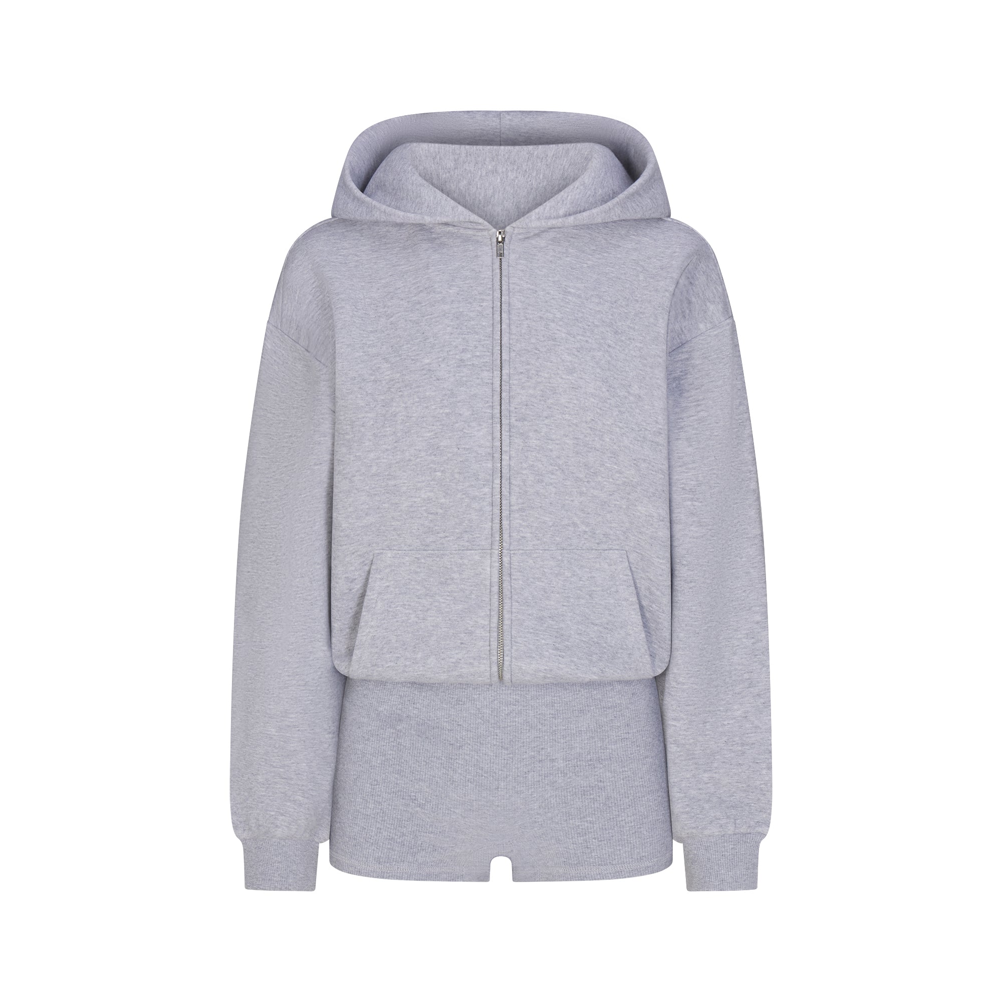 COTTON FLEECE ZIP UP ONESIE | HEATHER GREY FLAT ON A WHITE BACKGROUND | FLT