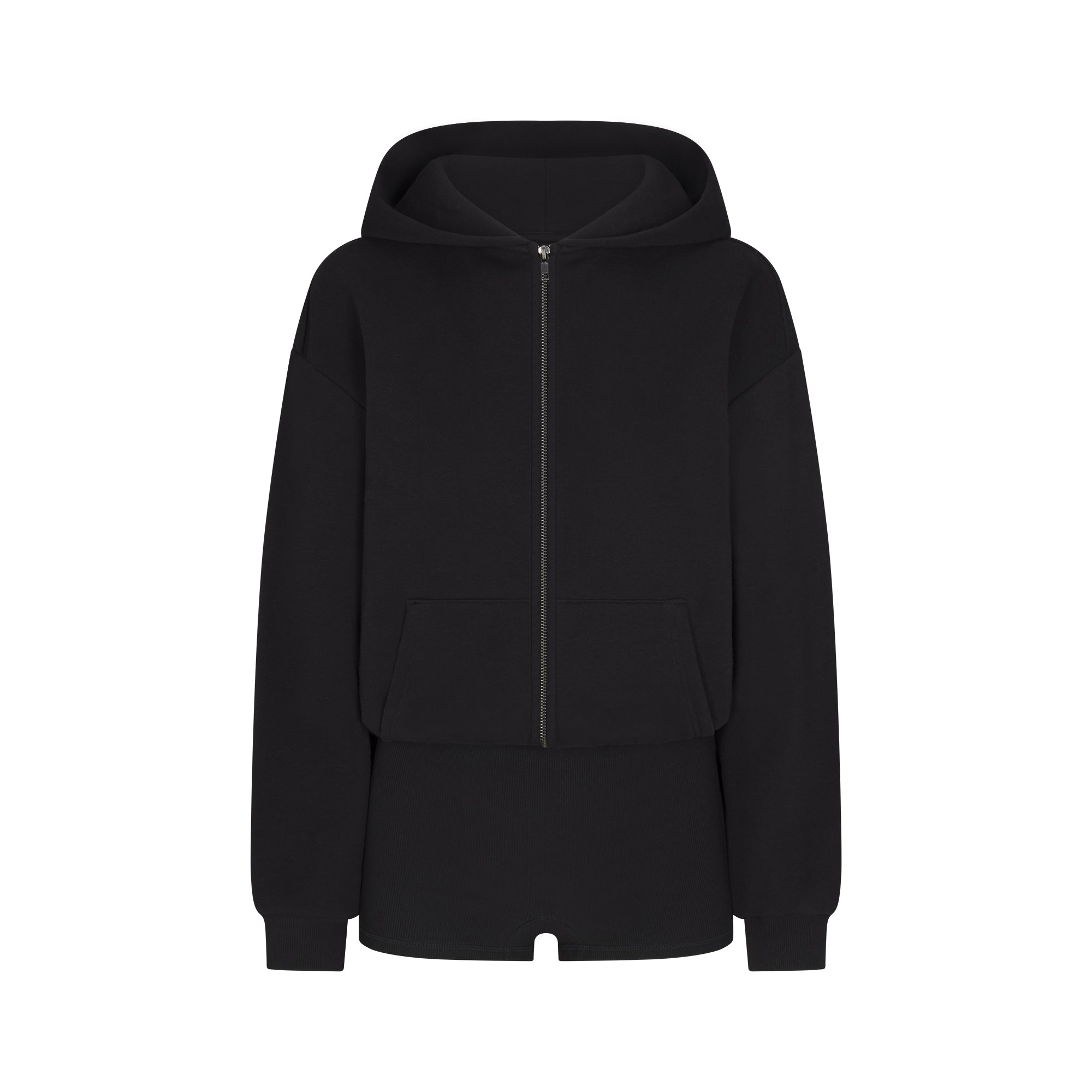 COTTON FLEECE ZIP UP ONESIE | ONYX FLAT ON A WHITE BACKGROUND | FLT