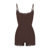 FITS EVERYBODY LACE ONESIE | ESPRESSO FLAT ON A WHITE BACKGROUND | FLT