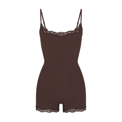 FITS EVERYBODY LACE ONESIE | ESPRESSO FLAT ON A WHITE BACKGROUND | FLT