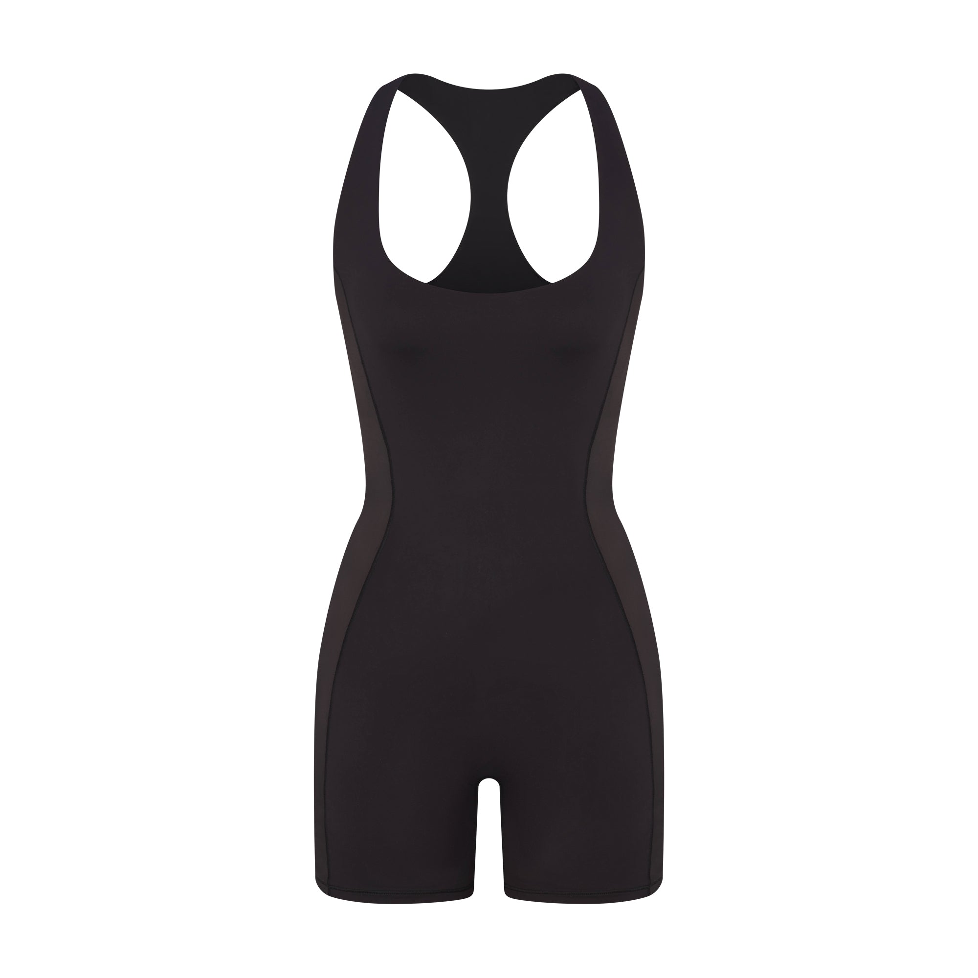 NikeSKIMS MATTE AND SHINE RACERBACK 5" ONE PIECE | OBSIDIAN/IGNEOUS FLAT ON A WHITE BACKGROUND | FLT
