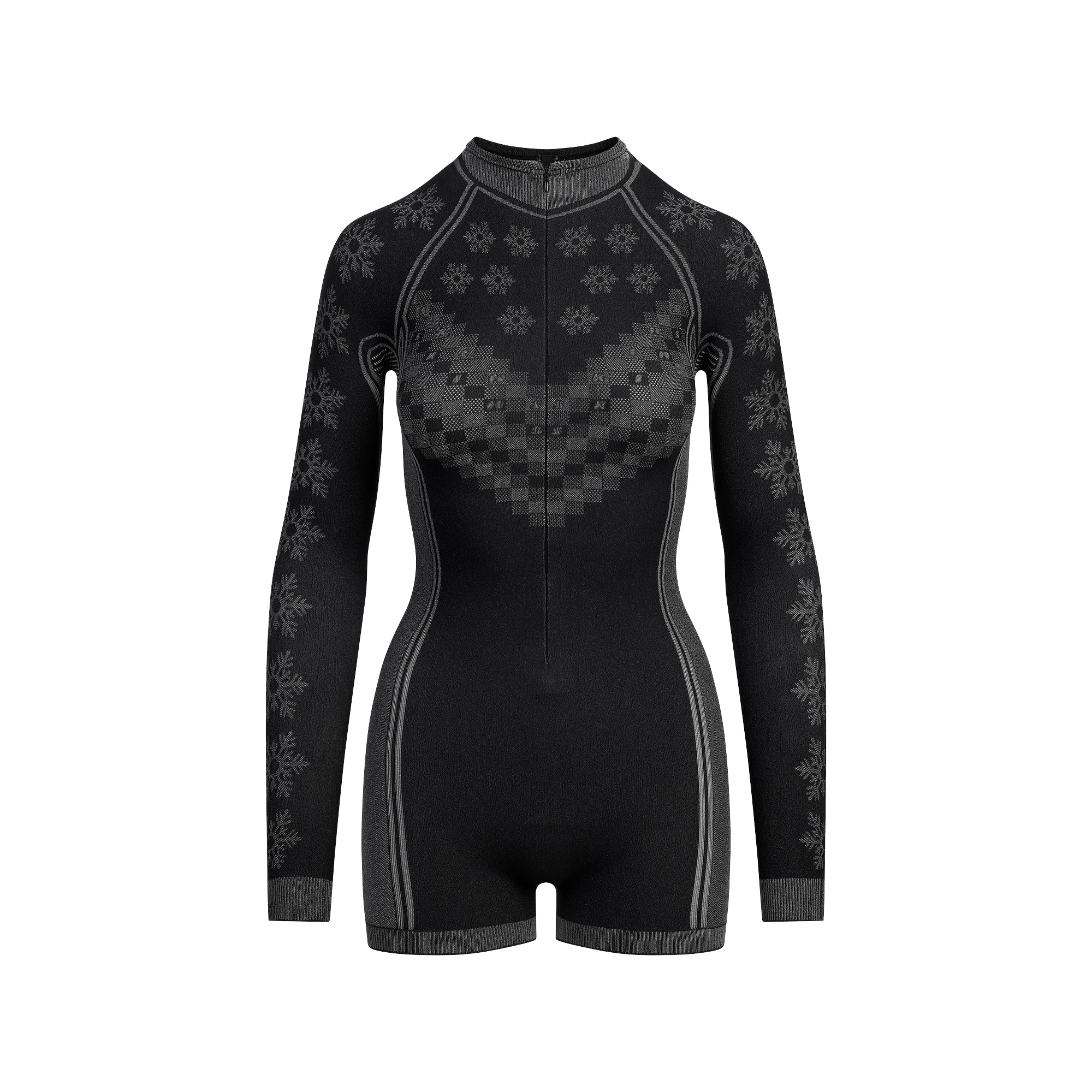 SKIMS FIRST LAYERS HALF ZIP ONESIE | OBSIDIAN WINTER FAIR ISLE FLAT ON A WHITE BACKGROUND | FLT