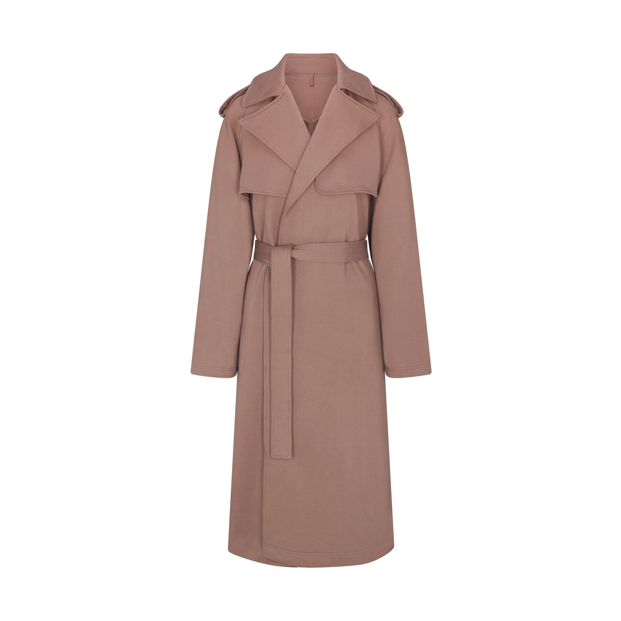 BOYFRIEND FLEECE TRENCH COAT | UMBER FLAT ON A WHITE BACKGROUND | FLT