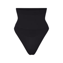 CORE CONTROL HIGH-WAISTED THONG | ONYX (SHAPEWEAR THONGS, SHAPEWEAR) LAYS FLAT ON A WHITE BACKGROUND | FLT