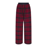 OUTDOOR FLANNEL OVERSIZED DOUBLE WAISTBAND PANT | MERLOT CABIN PLAID & LAYS FLAT ON A WHITE BACKGROUND | FLT