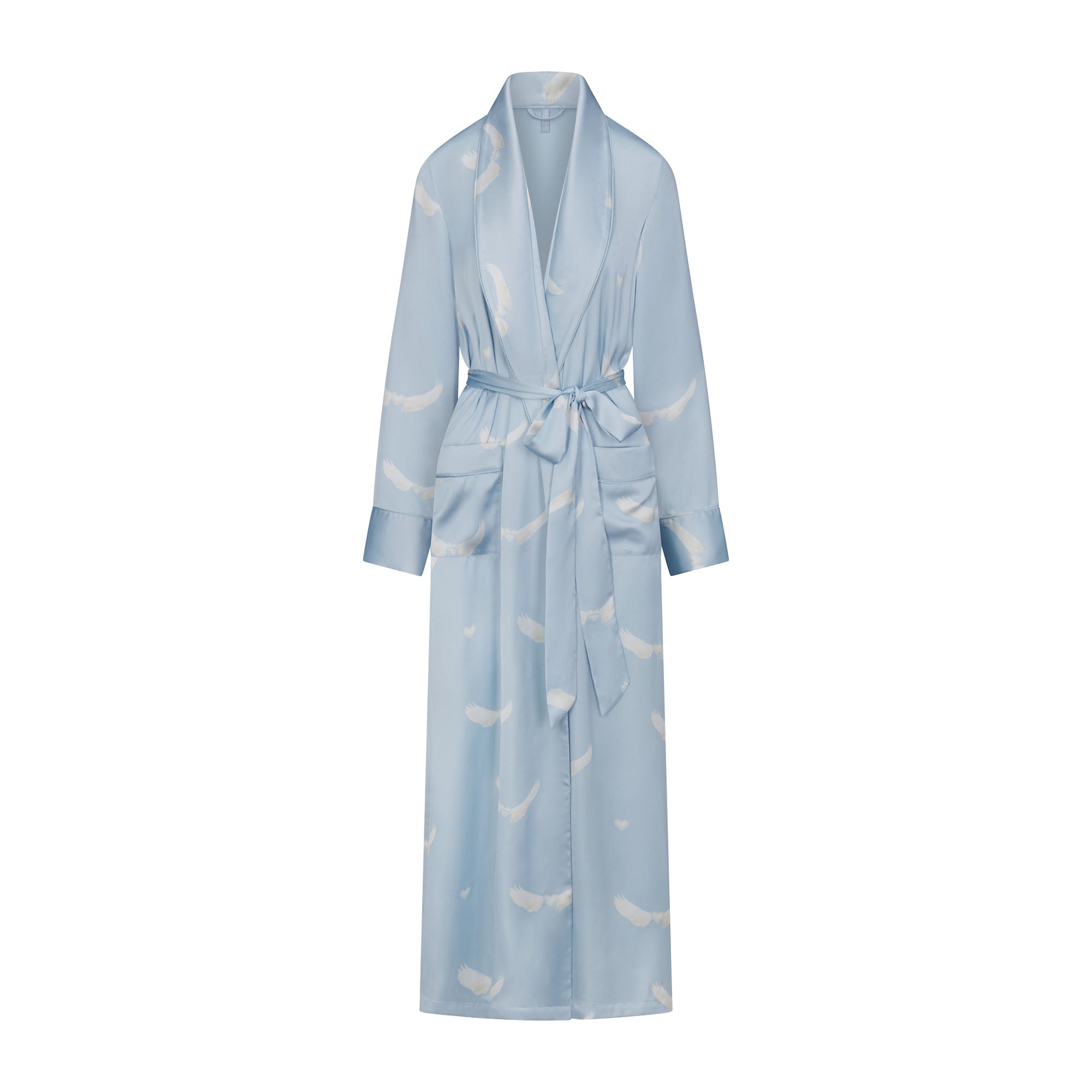 WOVEN SHINE LONG ROBE | AERO WING HEARTS PRINT LAYS FLAT ON A WHITE BACKGROUND | FLT