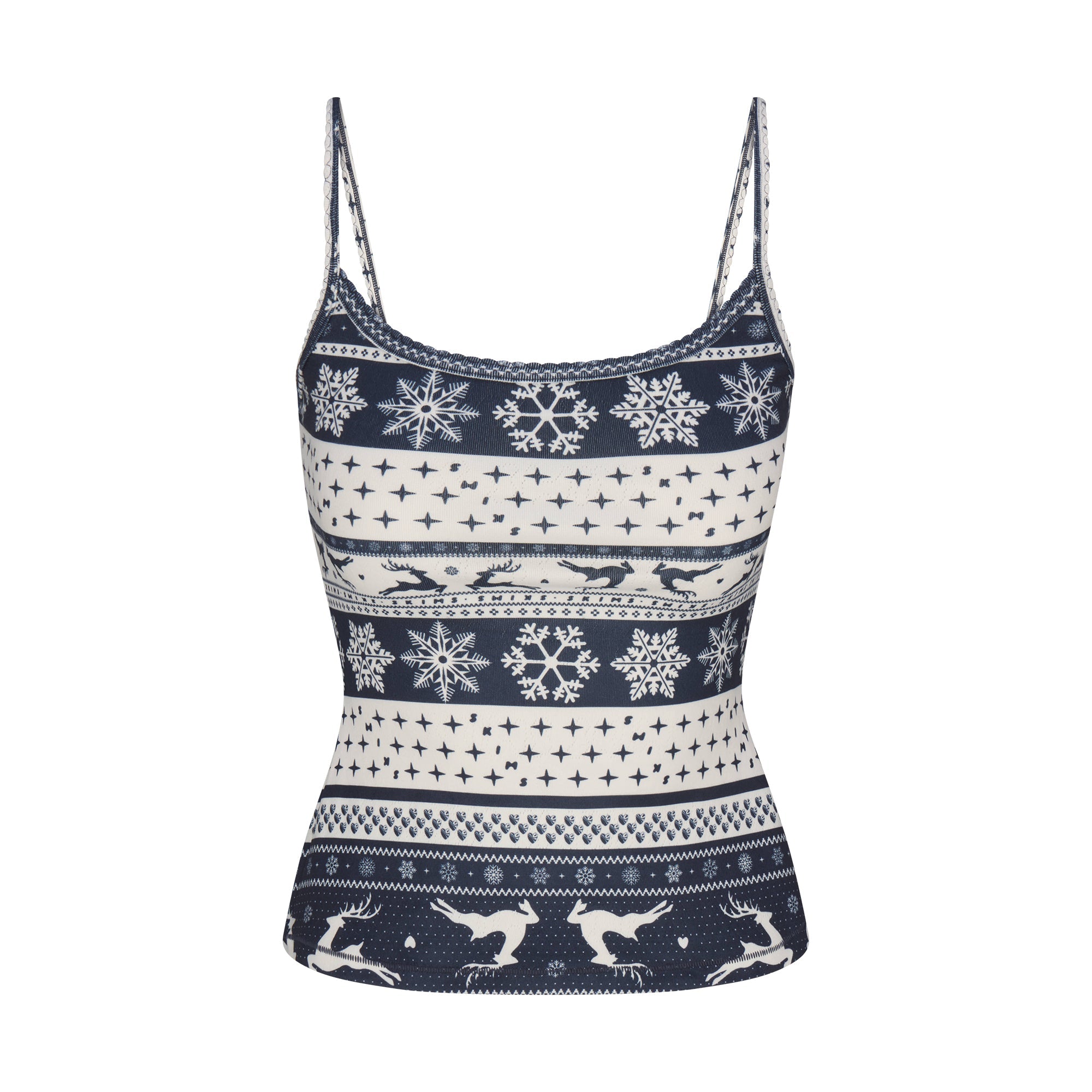 LOGO PLUSH POINTELLE CAMI | NAVY DEER FAIR ISLE FLAT ON A WHITE BACKGROUND | FLT