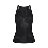 SHEER KNIT PLUNGE TANK | ONYX FLAT ON A WHITE BACKGROUND | FLT